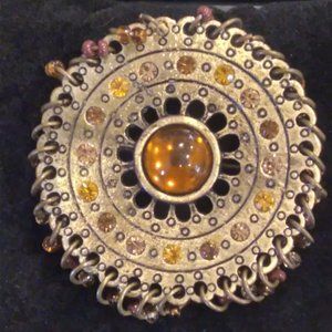 Vintage Unmarked Brooch Amber Colored Rhinestones Dangling Seed Beads
